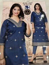 Indian Ethnic Roman Silk Blue Embroidered Party wear Kurta Kurti Tunic