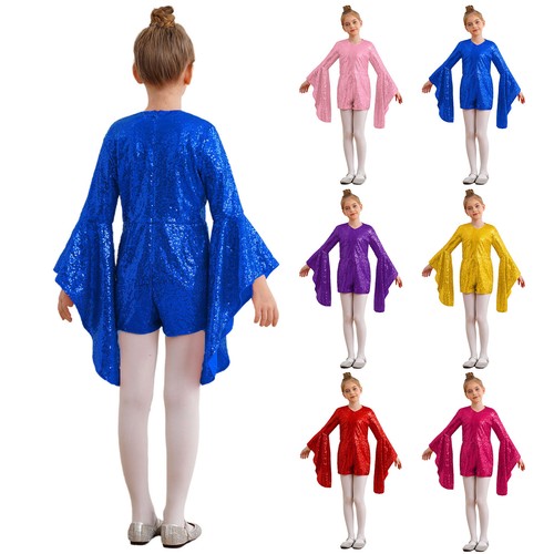 Kids Girls Rompers Flare Sleeve Jumpsuit School Play Leotard Jazz Latin Sparkly