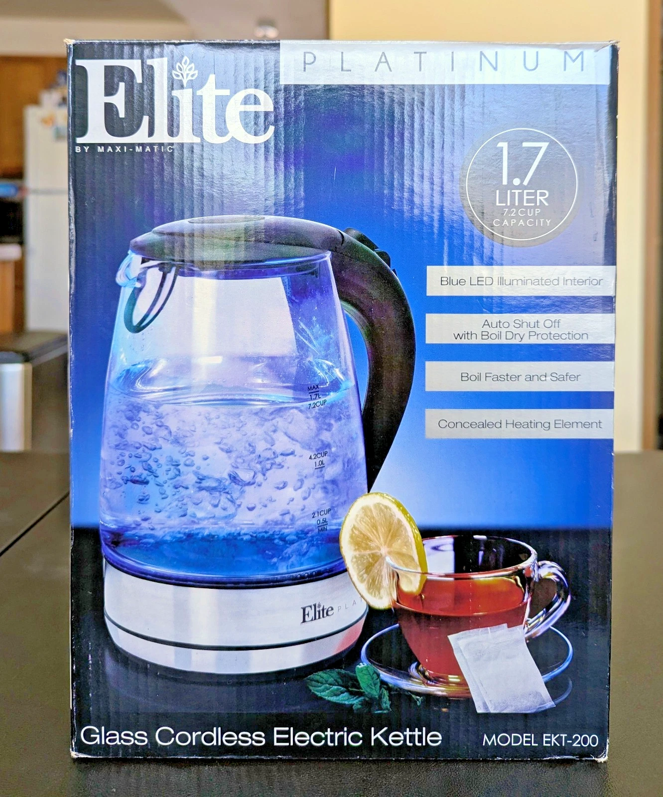 Elite Platinum 1.7L Stainless Steel Glass Kettle, Cordless Electric