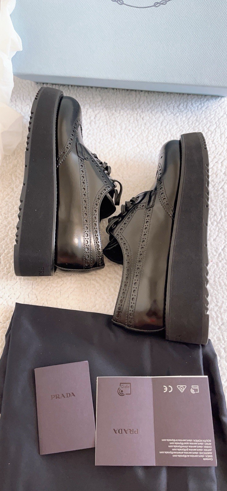 PRADA Women’s Brushed Leather Platform Brogue Derby Shoes in black size 37.5/7.5 image 5