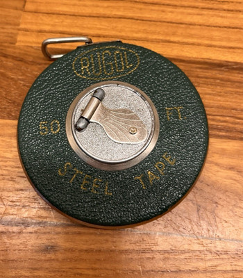 Vintage RUGOL 50'ft Steel Green Leather Tape Measure  Made in USA