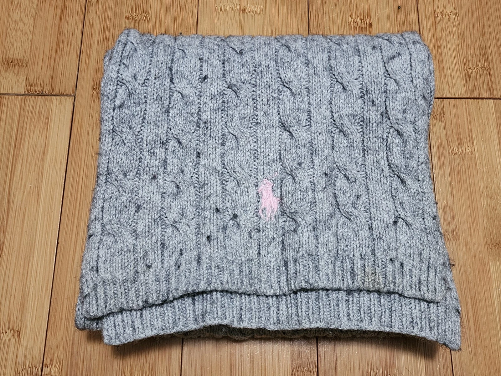 VTG Polo Ralph Lauren Cotton/Wool Cable Knit Scarf Gray Pink Pony Winter Soft