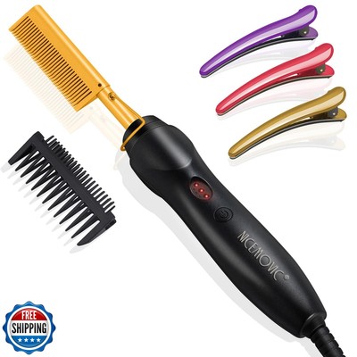 Black Ceramic Heated Hair Straightening Comb - Unbranded 2 in 1 PTC Heating Ionic Hair Straightener Brush Iron Flat  main image 4