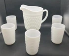 New ListingVtg Anchor Hocking 65 oz 8"Hobnail White Milk Glass Pitcher & 5 Tumblers