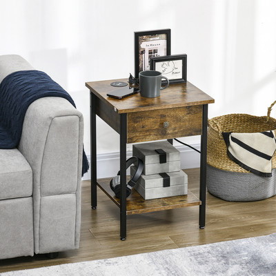 End Table with Wireless Charging Station, USB Ports, Rustic