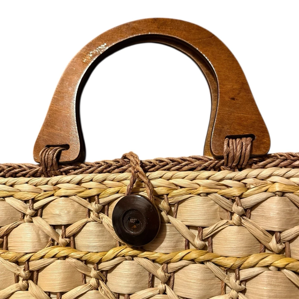 Bolso de Mano Vintage Tejido de Paja Asas de Madera Boho Verano Cartera Estilo Cesta 14x9.5 Foto 3 de 4