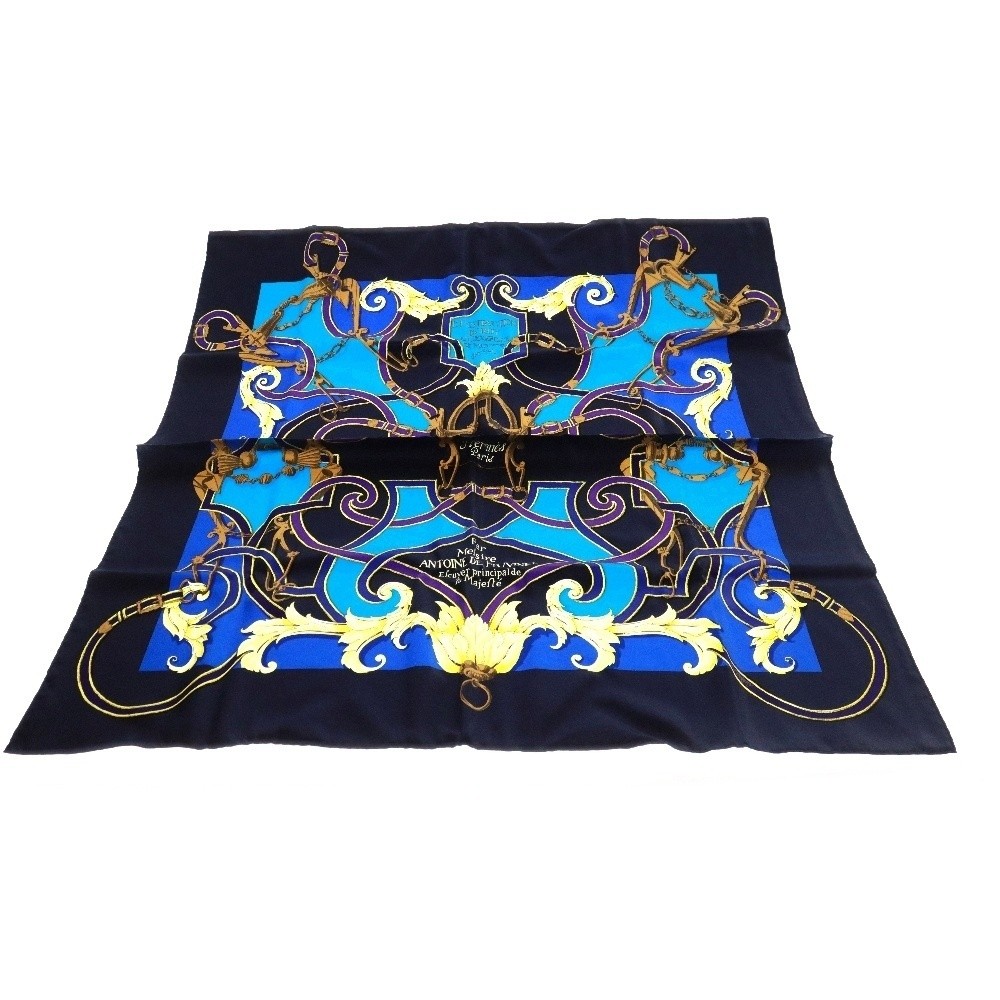 Hermes 90cm Mefsire Antoine De Plvvinel Harness Silk Scarf Navy