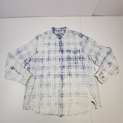 Tommy Bahama 100% linen mens XL button up factory fade plaid shirt. blue