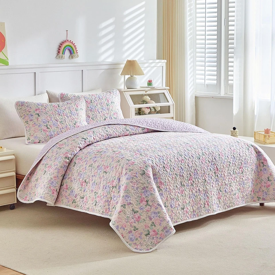 Juego de edredón de algodón de 3 piezas para niñas, talla Queen púrpura y rosa flores violeta... Foto 2 de 4