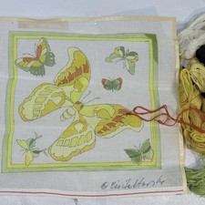 STARTED Handpainted Needlepoint Canvas Butterflies 11.5x11.5 w Yarn 14ct Bright