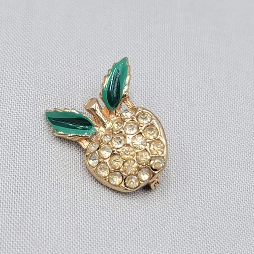 Vintage Small Rhinestone Apple Brooch Gold tone 