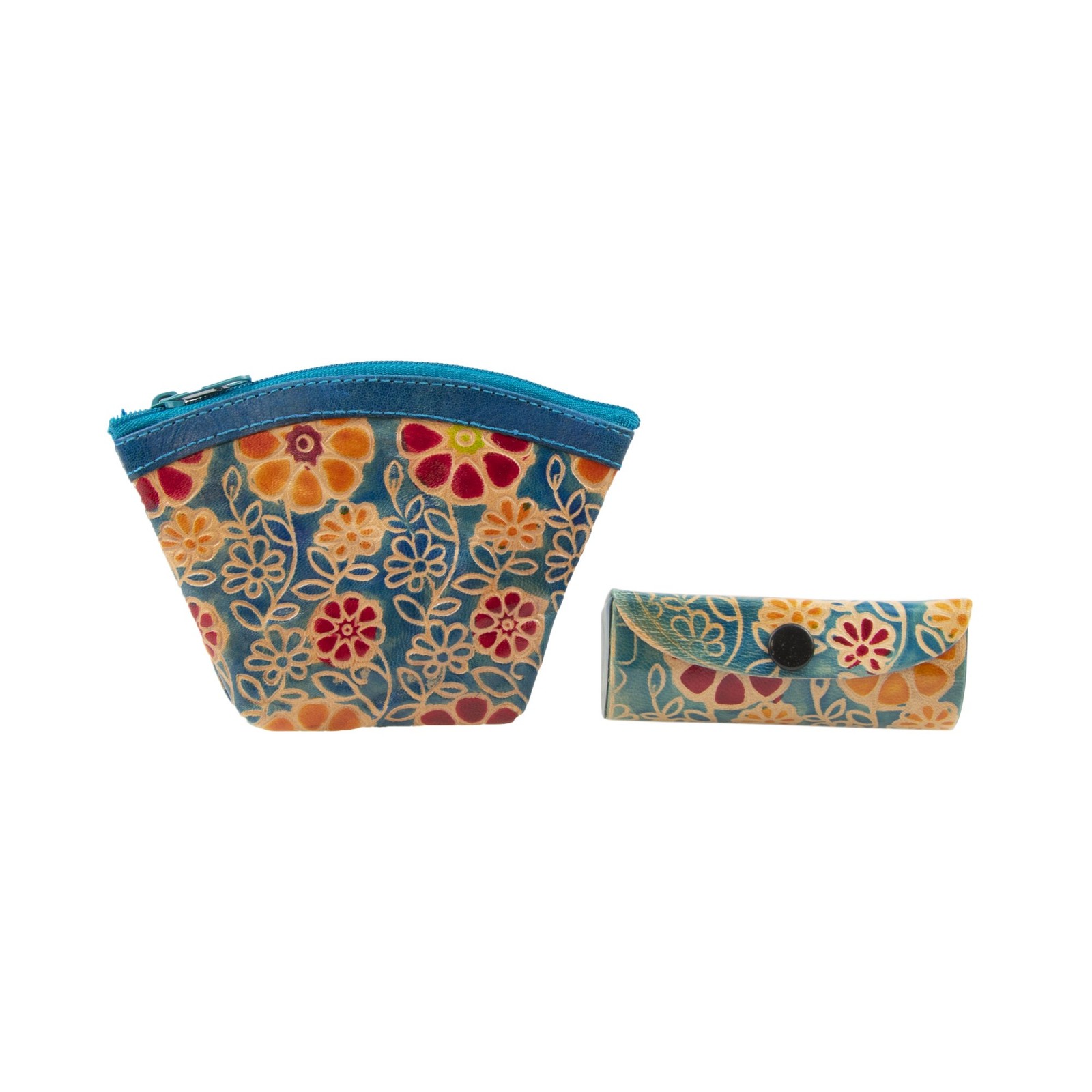 Портмоне из натуральной кожи с ручной росписью и футляр для губной помады синего цвета в цветочек