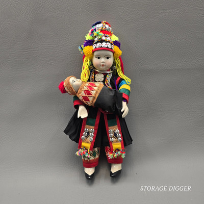 Vintage Akha Ekoh Culture Thailand Costume Porcelain Art Doll Mom Cradling Baby