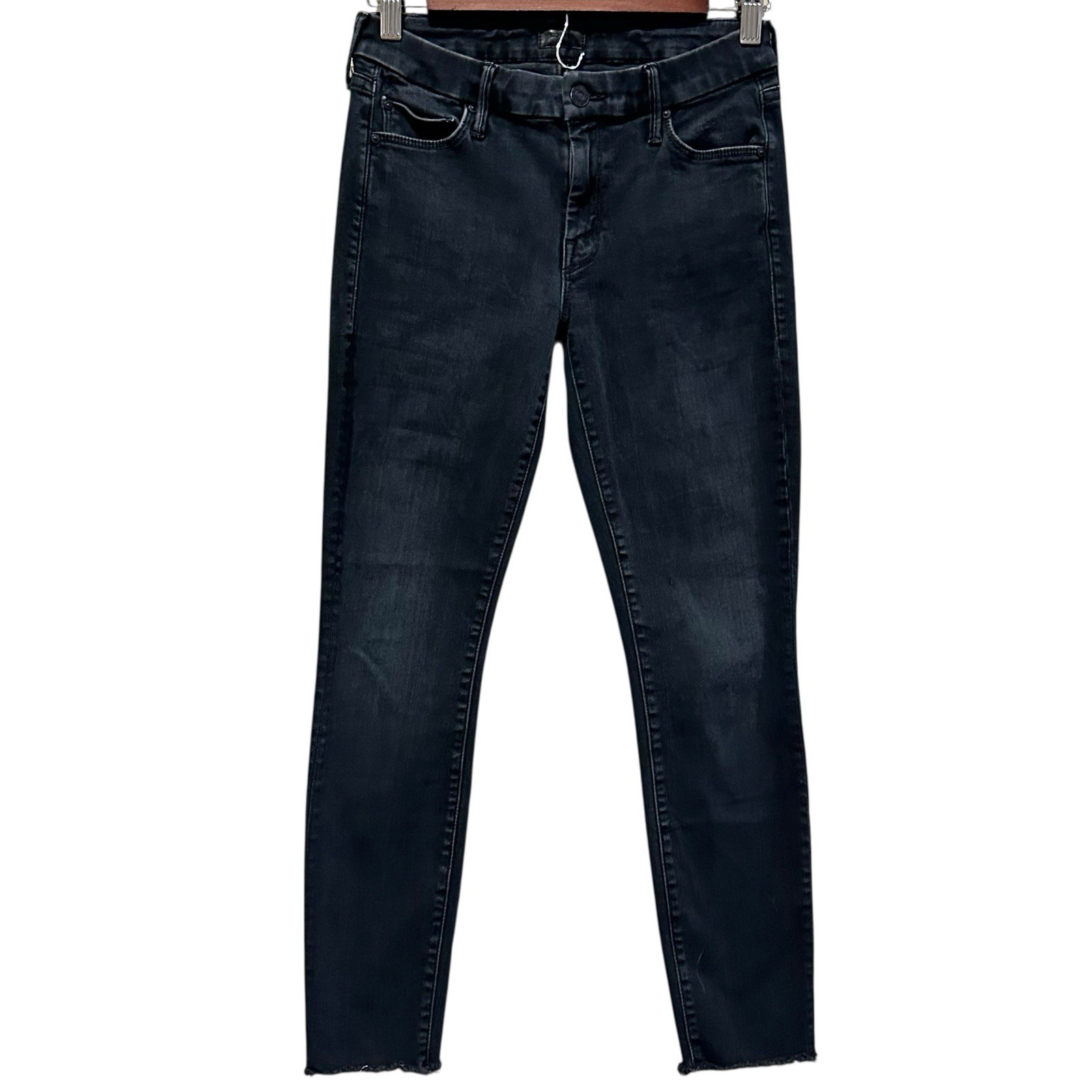 MOTHER Jeans Size 26 Looker Ankle Blackbird Denim Raw Hem Womens Black