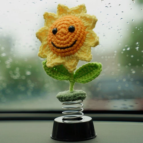 Sunflower Car Dashboard Decor Handmade Crochet Bobbleheads for Desk Decor