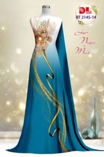 Ao Dai Vietnamese Silk Print 3D , Designer Flowers Long Dress With Pants