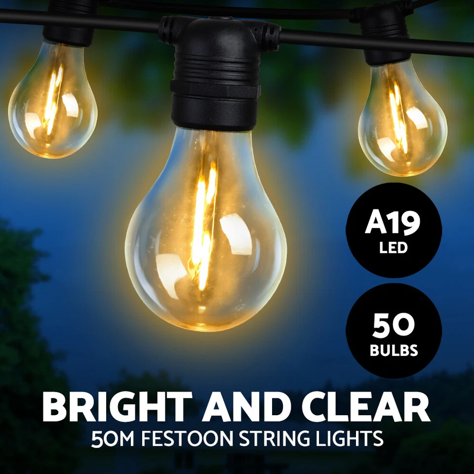 50m LED Festoon String Lights Outdoor Christmas Decorations Wedding Garden Party