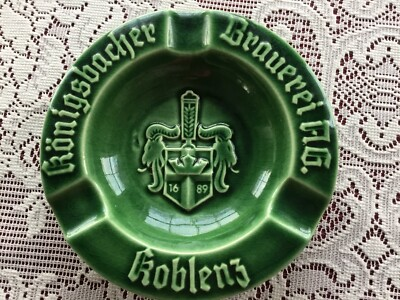 #ad VTG Konigsbacher Brauerei Koblenz 1689 German Green Pottery Ashtray FREE ship $19.00