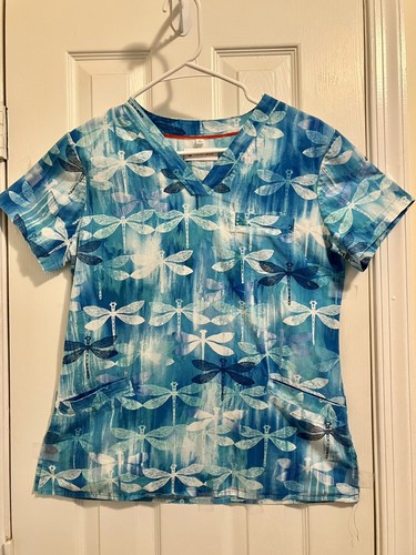White Cross Dragon Fly Nursing Scrub Top Teal, Light Blue, and Blue in Small - Picture 6 of 6