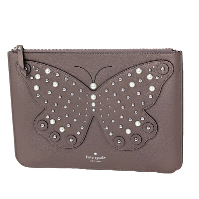 Kate Spade Butterfly Leather Zip Pouch Pearl Studded Design, Light Taupe Clutch
