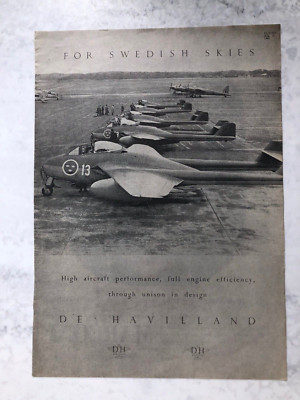 1946 Flugzeugwerbung DE HAVILLAND FÜR SCHWEDISCHEN HIMMEL HOCHLEISTUNGSMOTOREN