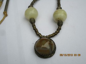 Vintage Agate Polished Stones & Bead Necklace Handmade 15" Gems