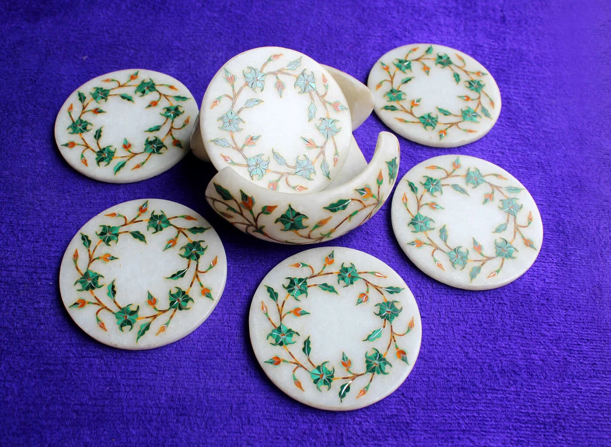 Thé dessous de Verre Marbre Incrustation Artisanat Ensemble