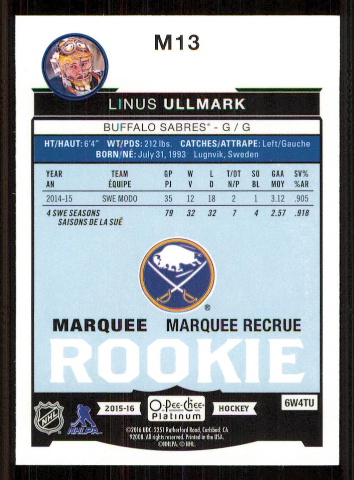 2015-16 O-Pee-Chee Platinum Marquee Rookies #M13 Linus Ullmark - Image 2 of 2