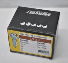 Lot of 100 Midwest Fasteners Sheet Metal Hex Washer Screws #14 x 2" 02960