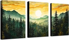 Abstract Forest Canvas Wall Art Mural Nature Boho Green Mountain Sunrise 3pc