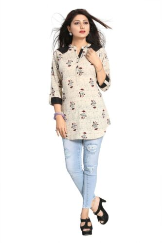 Women Ethnic Kurti Printed Designer Short Ethnic Kurta Shirt Dress NK05 BLACK - Picture 4 of 7