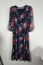 Lauren Ralph Lauren Womens Navy Floral Ruffle Hem Midi Dress Size 8 Sheer Sleeve
