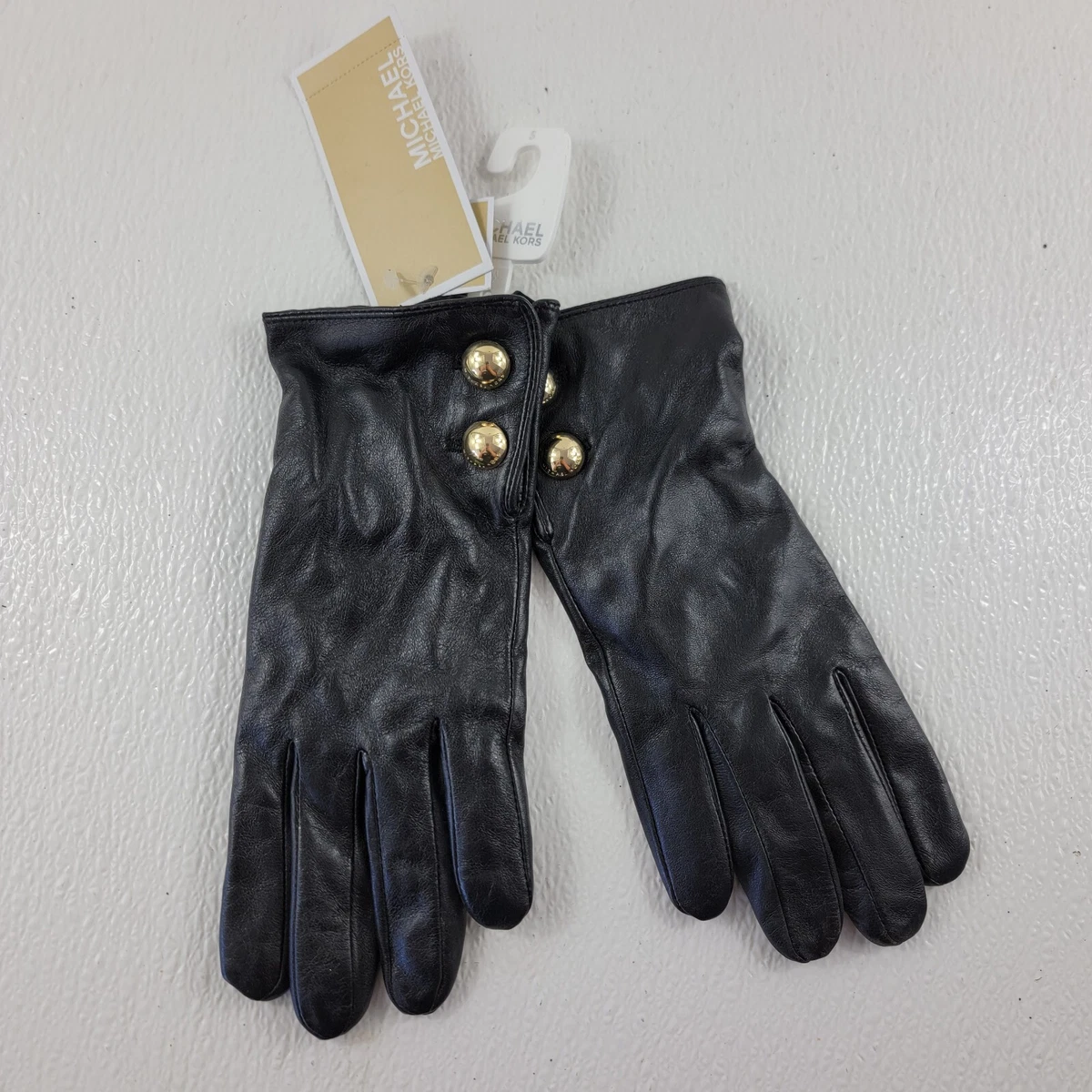 Michael Kors Womens Black Soft Leather Gold Logo Button Tech Gloves Sz S 98