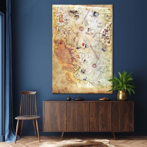 Die Piri Reis Karte, Vintage Weltkarte Kunst, antiker Leinwanddruck, fertig zum Aufhängen - Bild 6 von 6