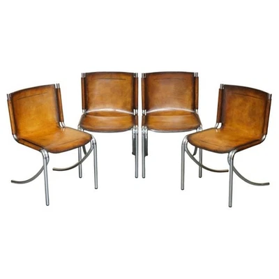 FOUR RESTORED ACERBIS JOT GIOTTO STOPPINO BROWN LEATHER CHROME DINING CHAIRS - Image 1 of 4