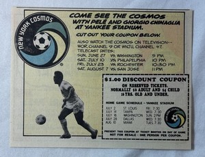 1976 newsprint ad ~ PELE ~ NY Cosmos soccer schedule