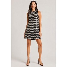 AQUA Women's Small Chevron Sequin Shift Dress Black Cream High Neck Mini Dress