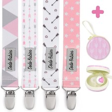Pacifier Clip Set, Pink/Grey/White