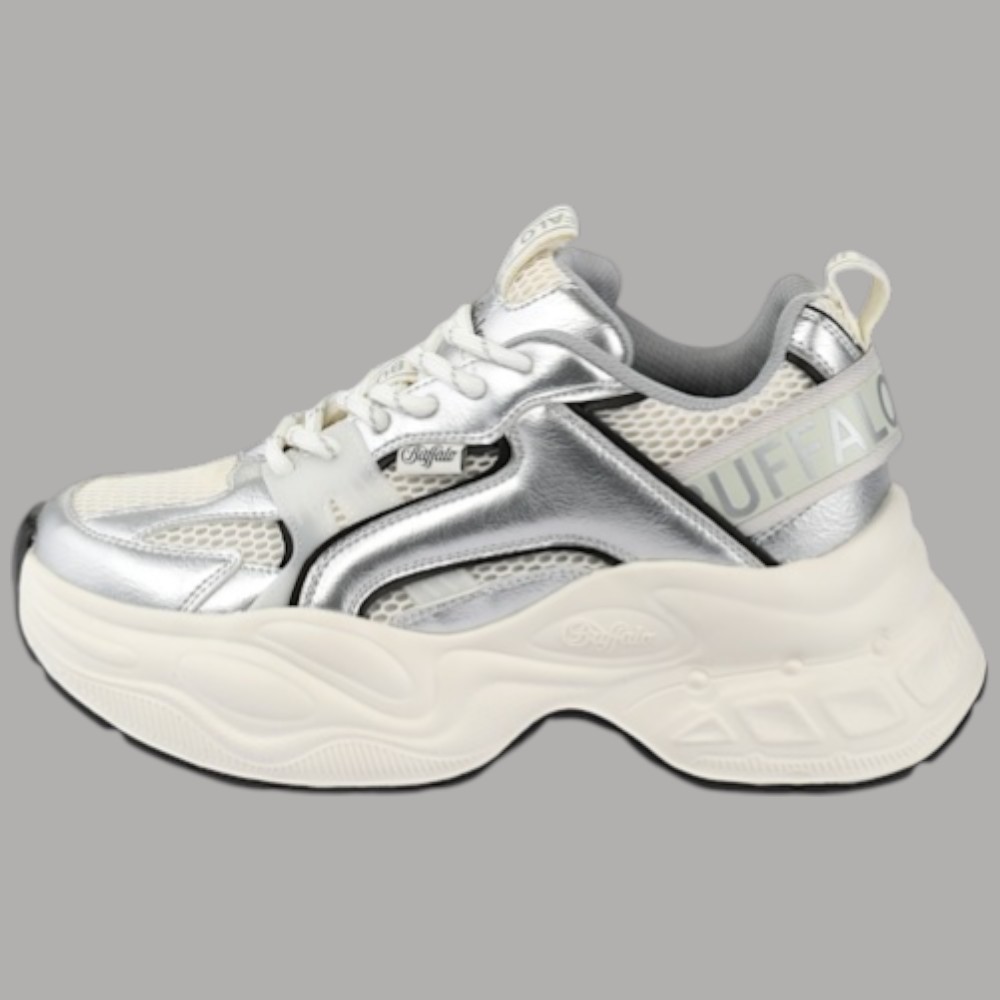 Zapatos Buffalo Yuno Diseño Moderno Blanco Y Motivo Plateado Art. 1636643