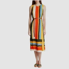 Women's Tory Burch Multicolor Striped Sleeveless Silk Bettina Midi Dress Size 2