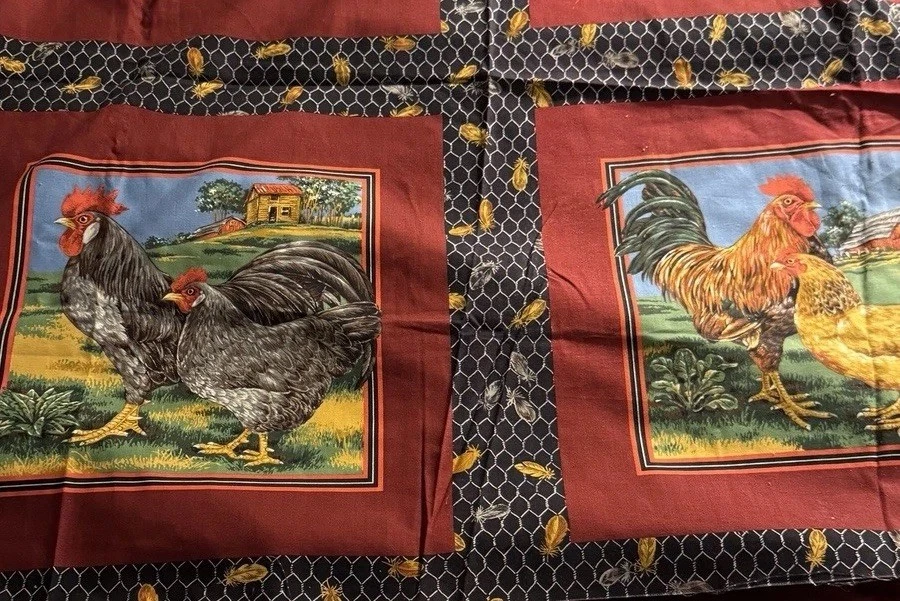 Rare VIP Cranston Joan Messmore Rooster Hen Chicken 4 Block Pillow Panel Fabric - Image 3 of 4