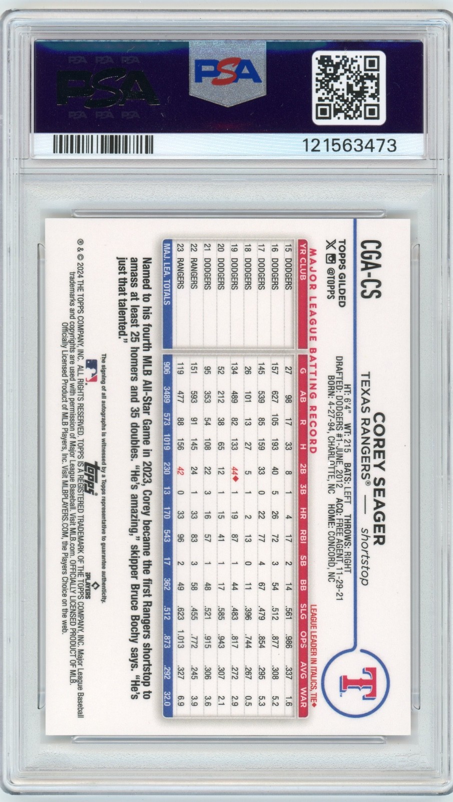 2024 Topps Chrome Gilded Corey Seager Rose Gold Refractor On Card Auto /25 PSA 9 view 2