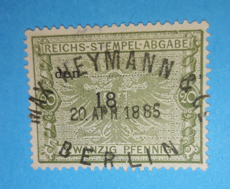 + 1881 Berlin 20pf Revenue Imperial Stamp Tax Fiscal Bob Max Heymann Co. 1885cd