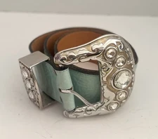 VTG Streets Ahead Wide Leather Belt w/Large Rhinestone Silver Metal Buckle SALE!