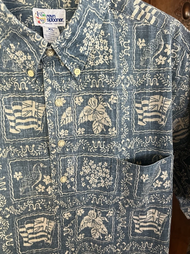 Camisa Hawaiana Manga Corta Reyn Spooner XL Azul Blanco Para Hombre Foto 3 de 4