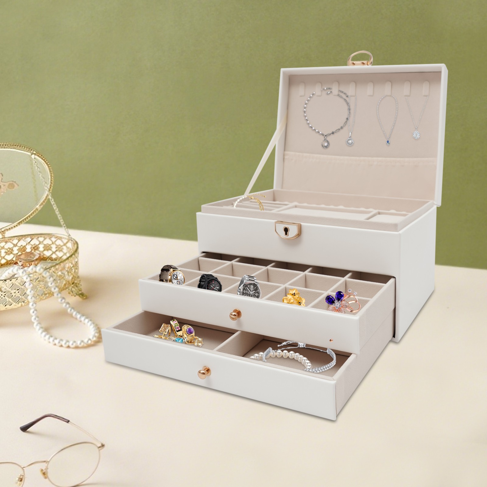 3-Tier Watch Box with Drawer for Jewelry Bracelet Display