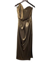 Halston Heritage Golden Metallic One Shoulder Strap Dress Deep Side Slit Size 0