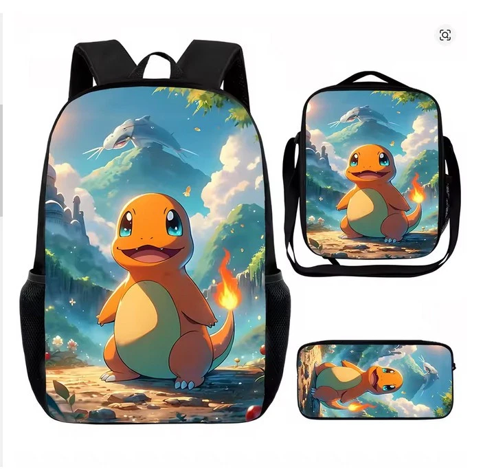 Anime Charizard Backpack Set, School Bag Lunch Bag Pencil Case