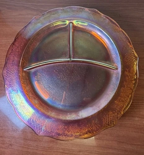 Set Of 4 Pressed Glass Federal Normandie Carnival marigold divided plates VTG