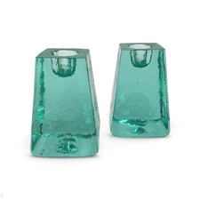 Fire And Light Aqua Recycled Art Glass Candle Holders Set of 2 SIGNED 3.25" READ